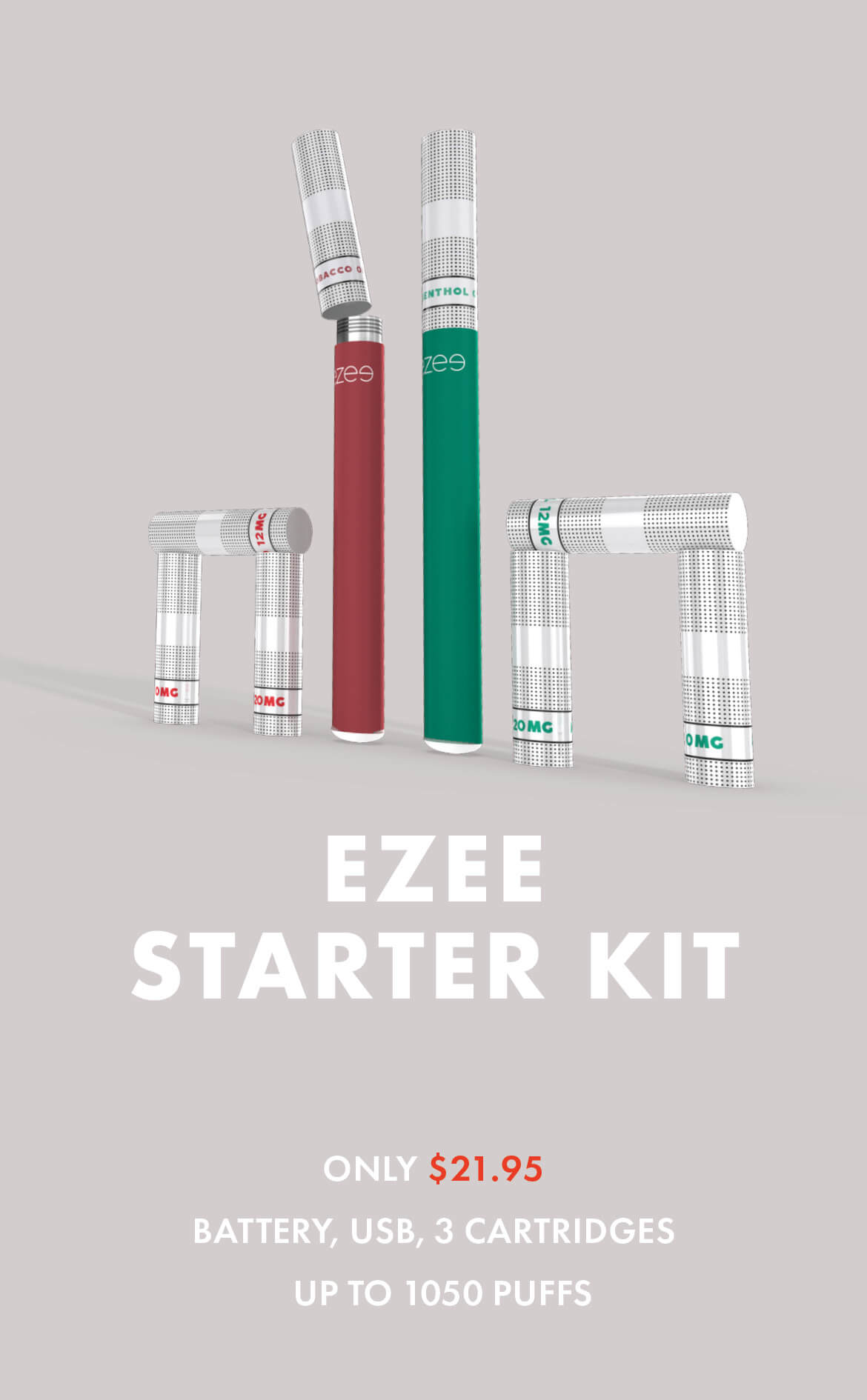 Ezee e-cigarette starter kit rechargeable nicotine and nicotine free cartridges tobacco menthol