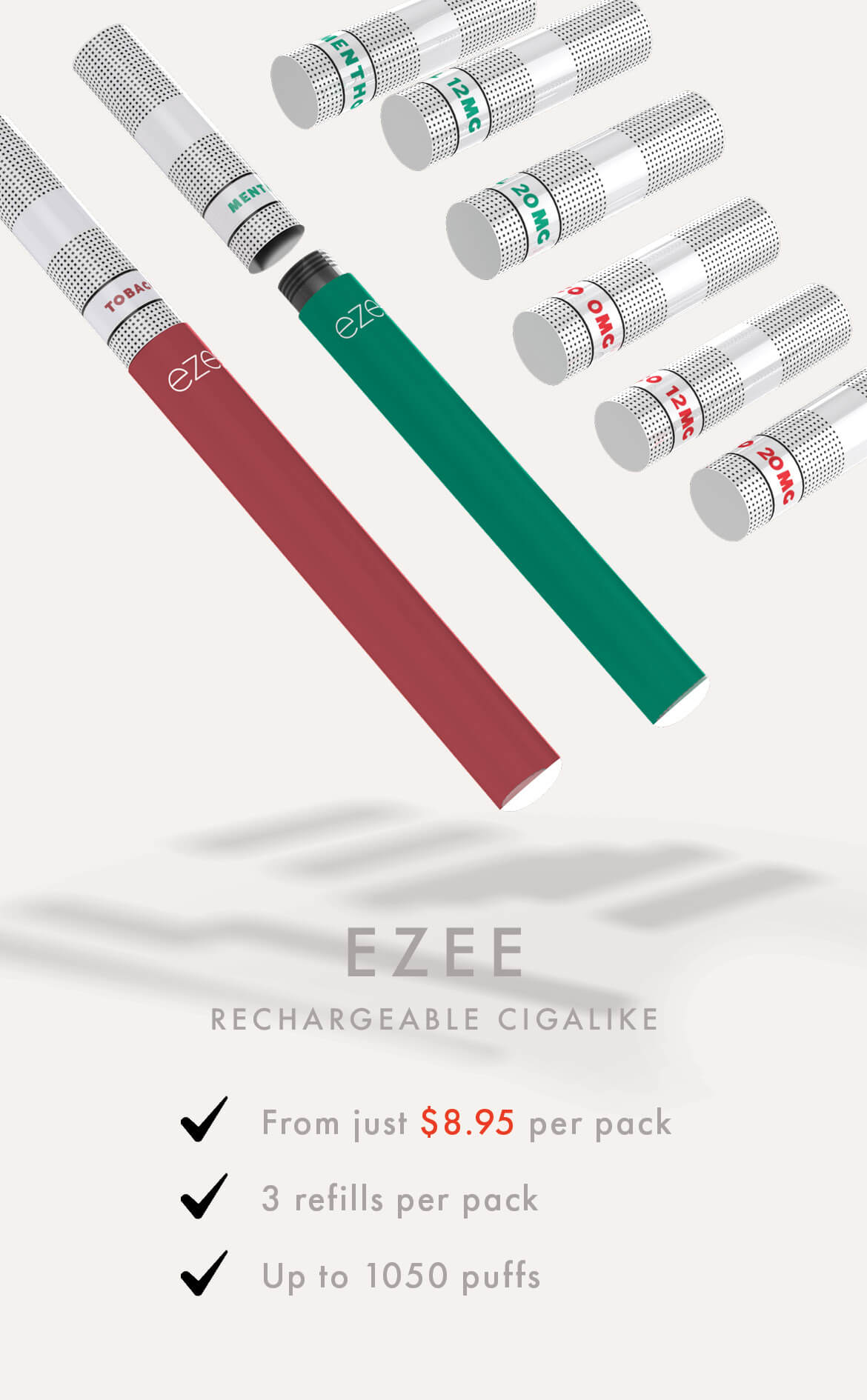 Ezee e-cigarette starter kit rechargeable nicotine and nicotine free cartridges tobacco menthol